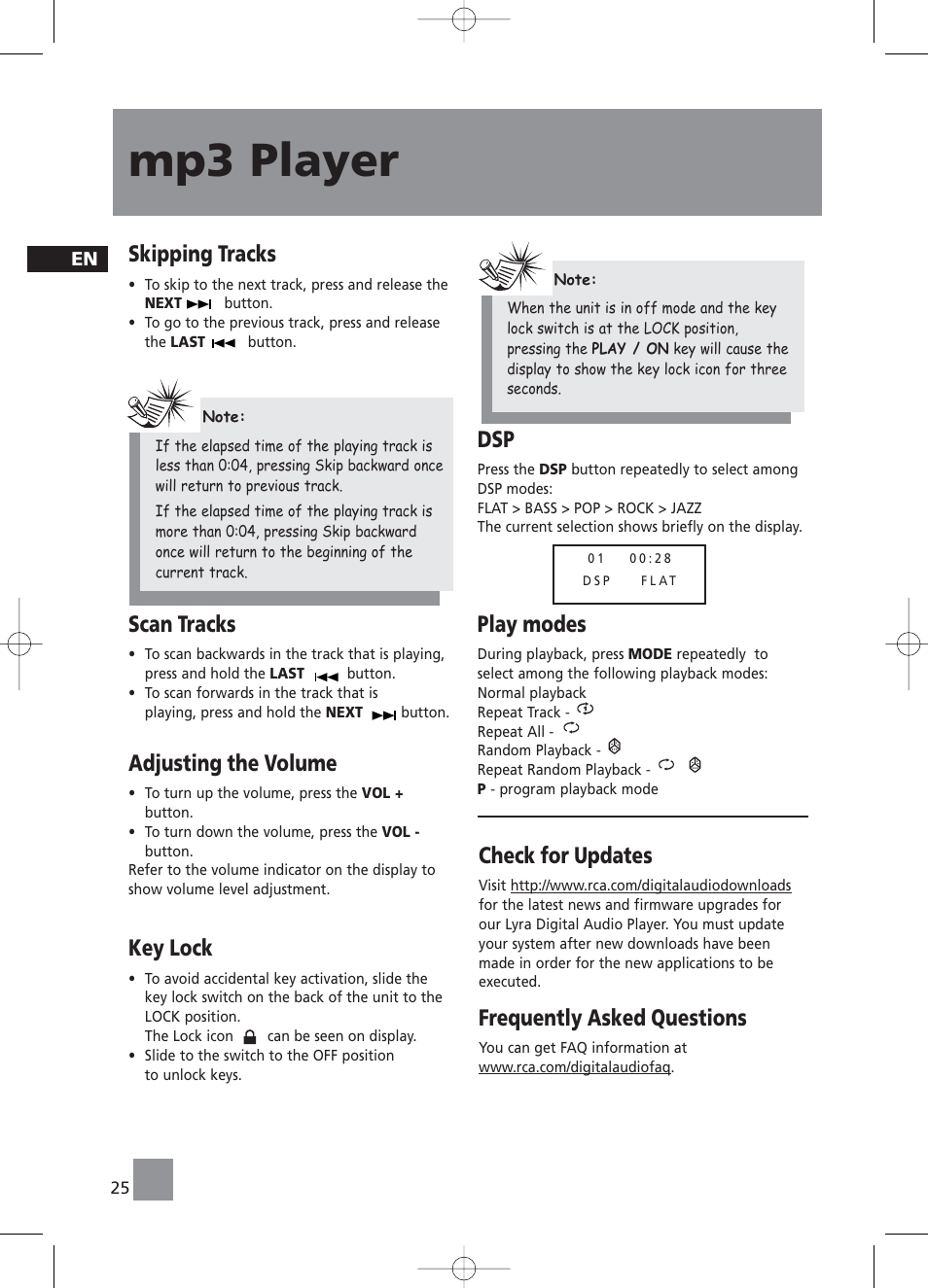 Mp3 player, Skipping tracks, Scan tracks | Adjusting the volume, Key lock, Play modes, Check for updates, Frequently asked questions | RCA RS2058 User Manual | Page 30 / 38