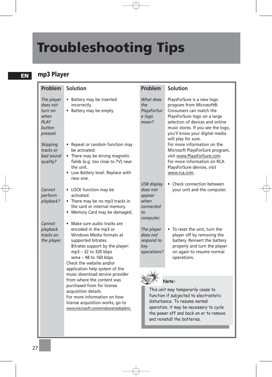 Troubleshooting tips, Mp3 player | RCA RS2058 User Manual | Page 32 / 38
