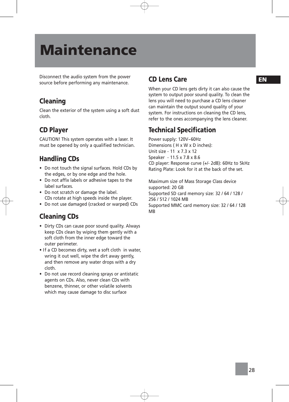 Maintenance, Cleaning, Cd player | Handling cds, Cleaning cds, Cd lens care, Technical specification | RCA RS2058 User Manual | Page 33 / 38
