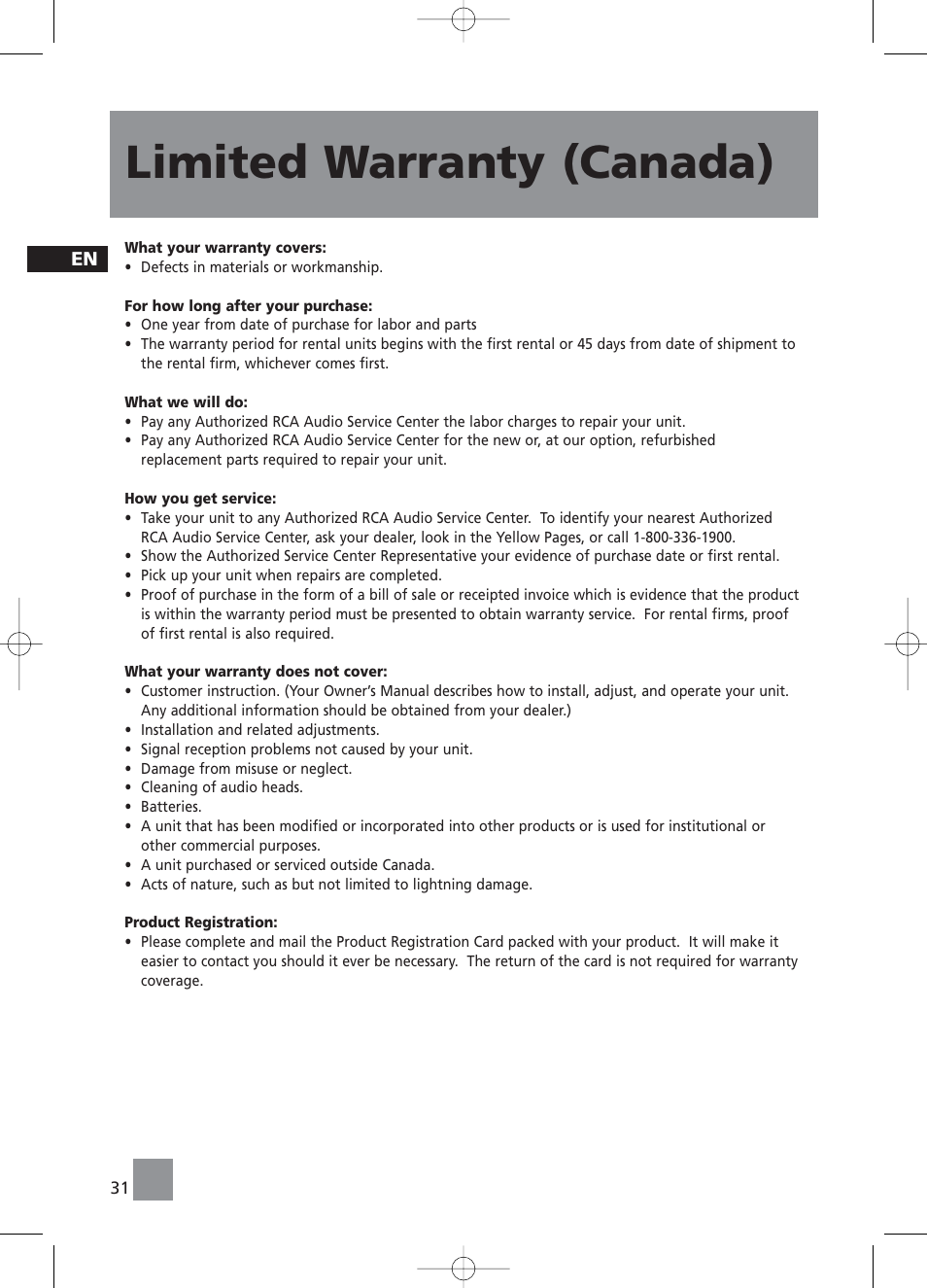 Limited warranty (canada) | RCA RS2058 User Manual | Page 36 / 38