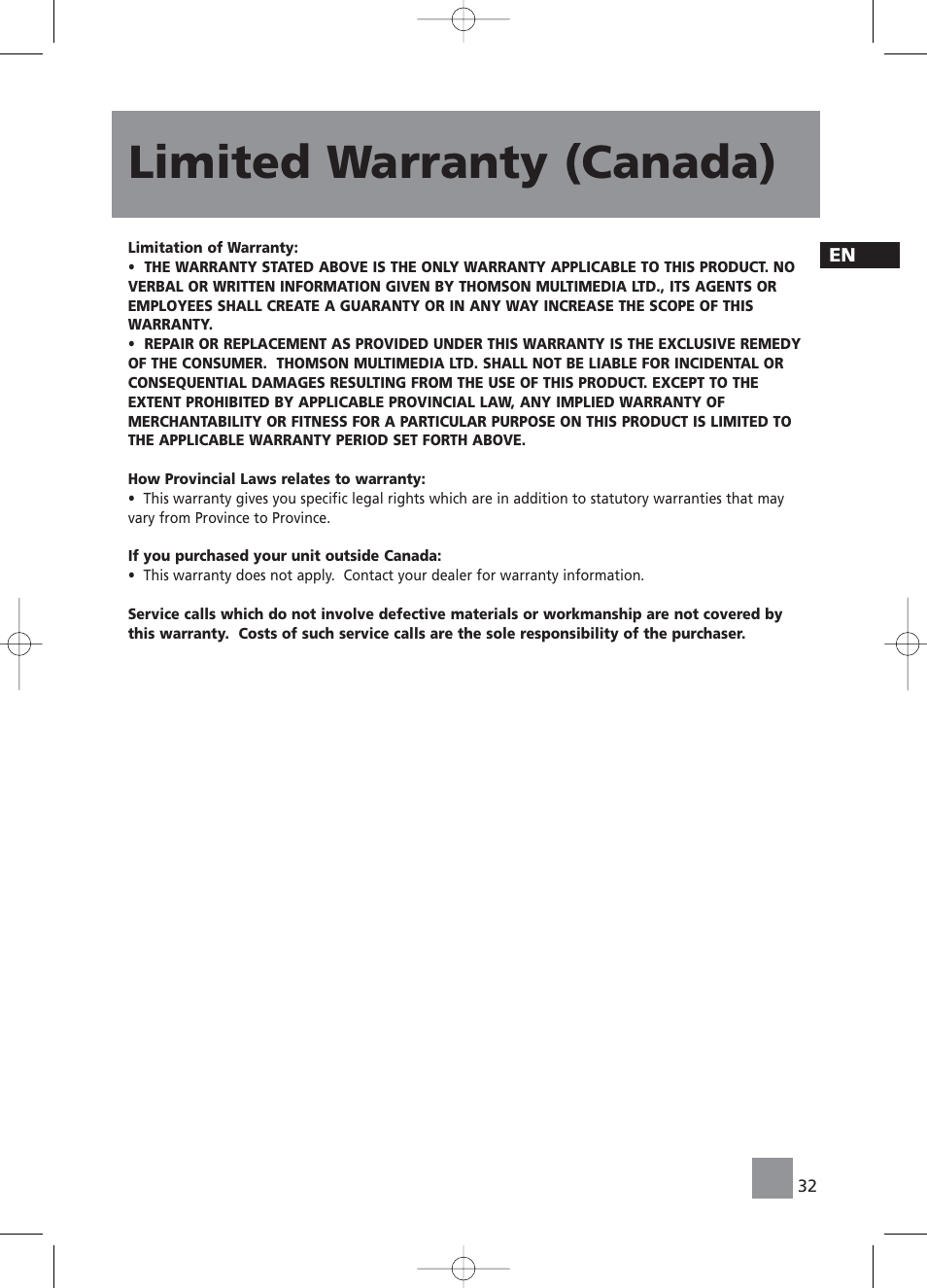 Limited warranty (canada) | RCA RS2058 User Manual | Page 37 / 38
