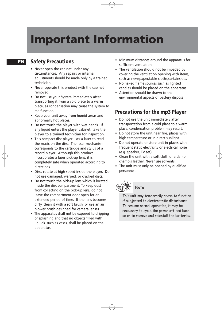 Important information, Safety precautions, Precautions for the mp3 player | RCA RS2058 User Manual | Page 4 / 38