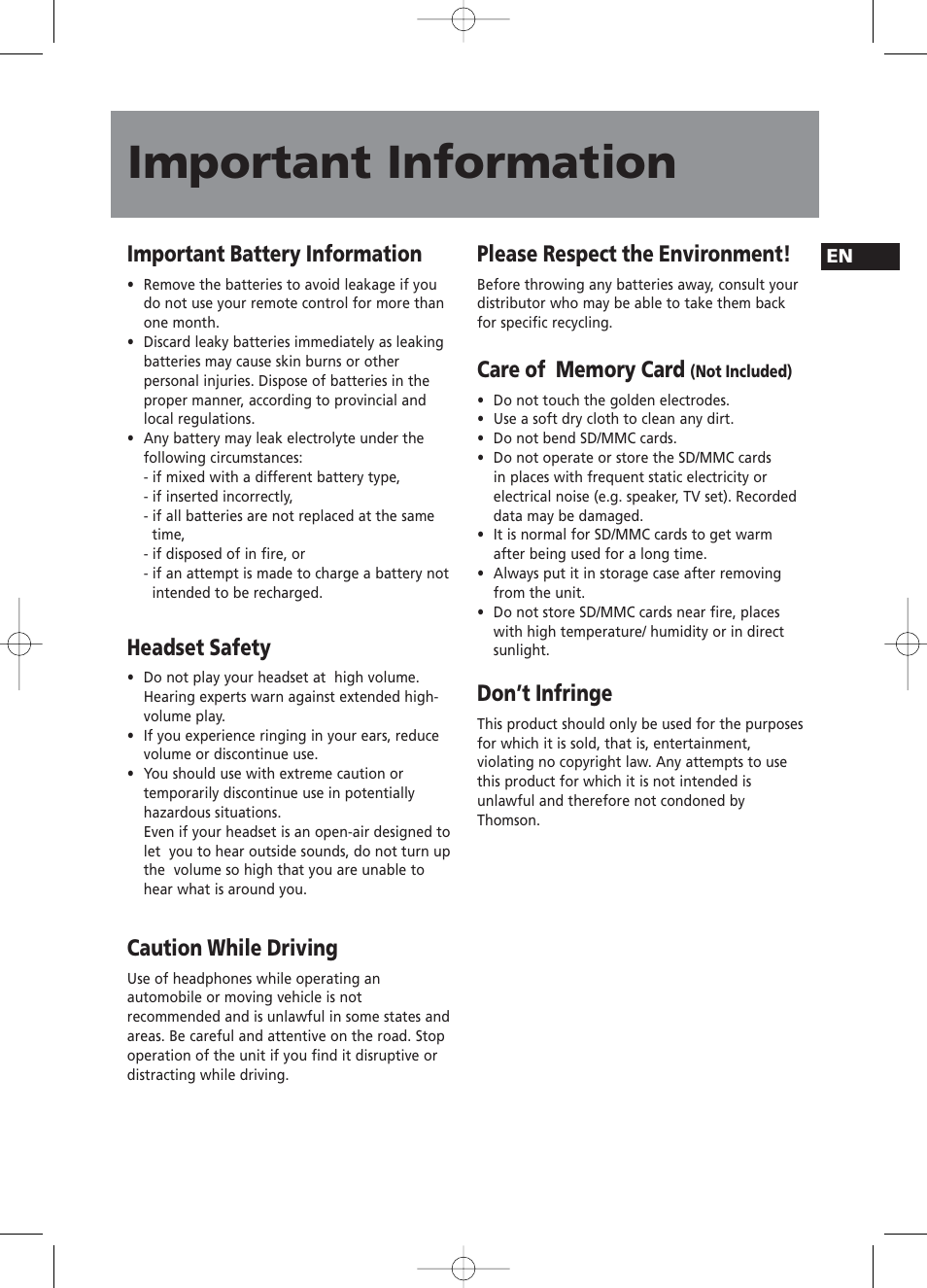 Important information, Important battery information, Headset safety | Caution while driving, Please respect the environment, Don’t infringe | RCA RS2058 User Manual | Page 5 / 38