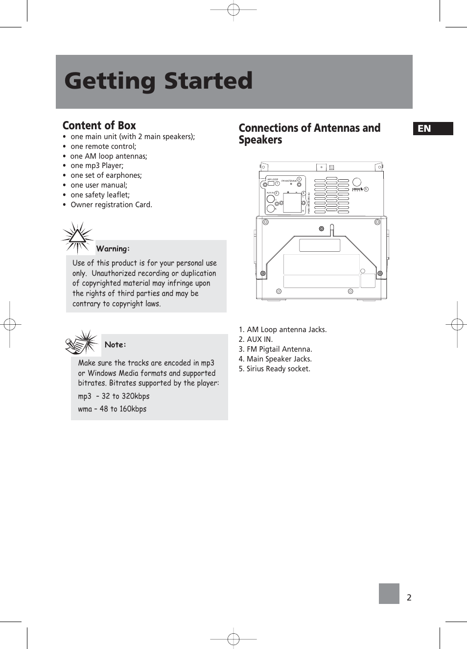 Getting started, Content of box, Connections of antennas and speakers | RCA RS2058 User Manual | Page 7 / 38