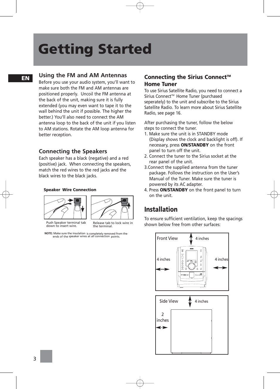 Getting started, Installation, Using the fm and am antennas | Connecting the speakers, Connecting the sirius connect, Home tuner | RCA RS2058 User Manual | Page 8 / 38