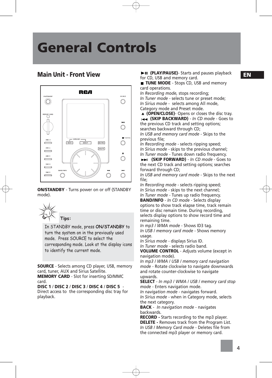 General controls, Main unit - front view | RCA RS2058 User Manual | Page 9 / 38