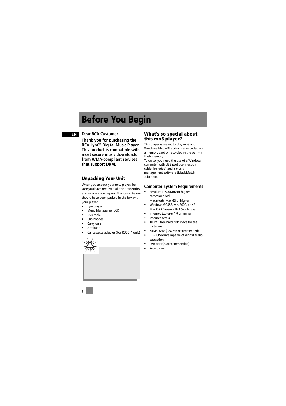 Before you begin, Unpacking your unit, What’s so special about this mp3 player | RCA 5588825C User Manual | Page 13 / 39