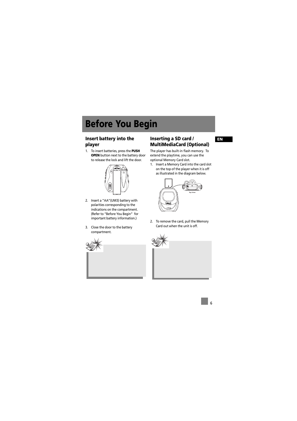 Before you begin, Insert battery into the player, Inserting a sd card / multimediacard (optional) | RCA 5588825C User Manual | Page 16 / 39