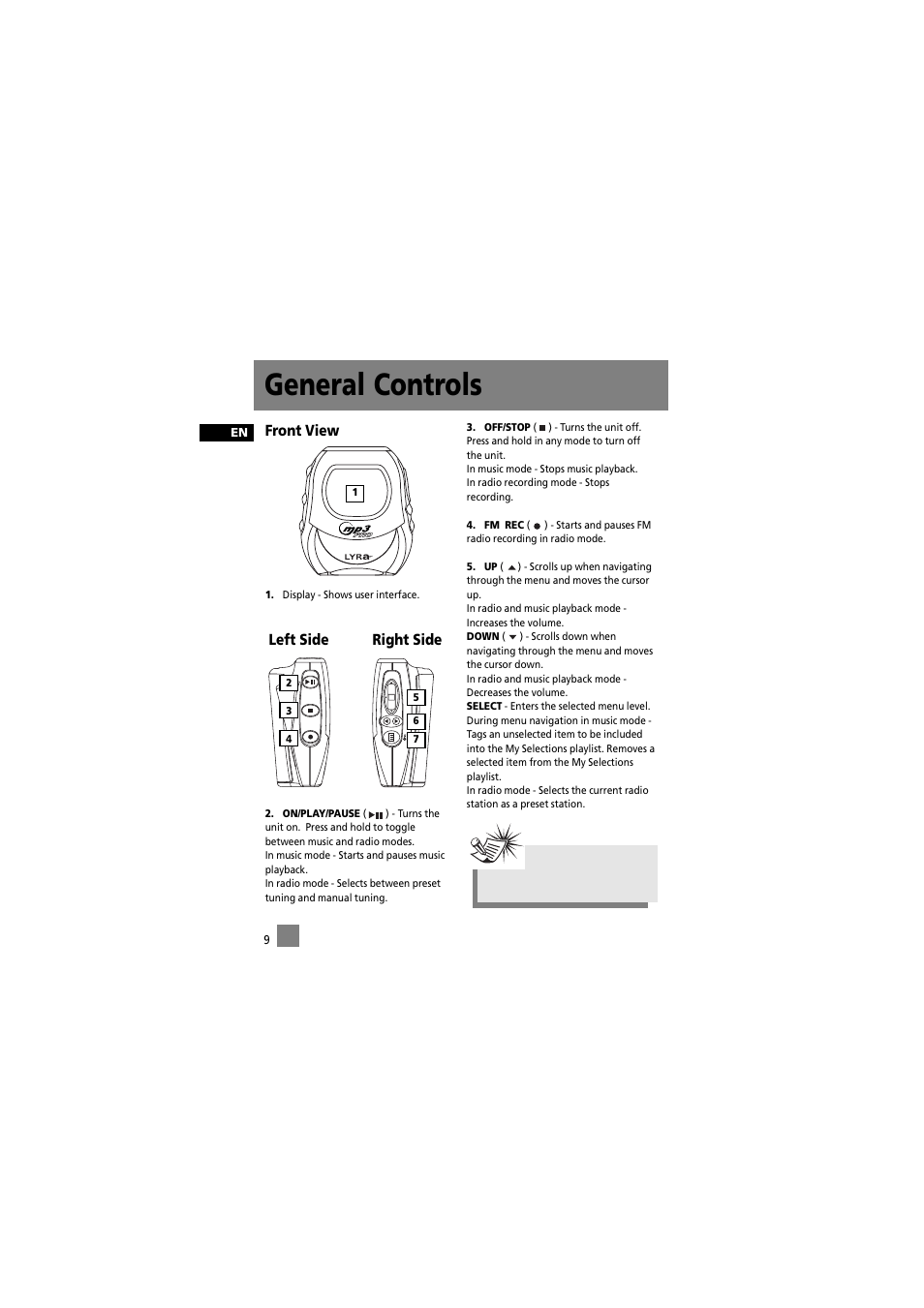 General controls, Front view, Left side right side | RCA 5588825C User Manual | Page 19 / 39