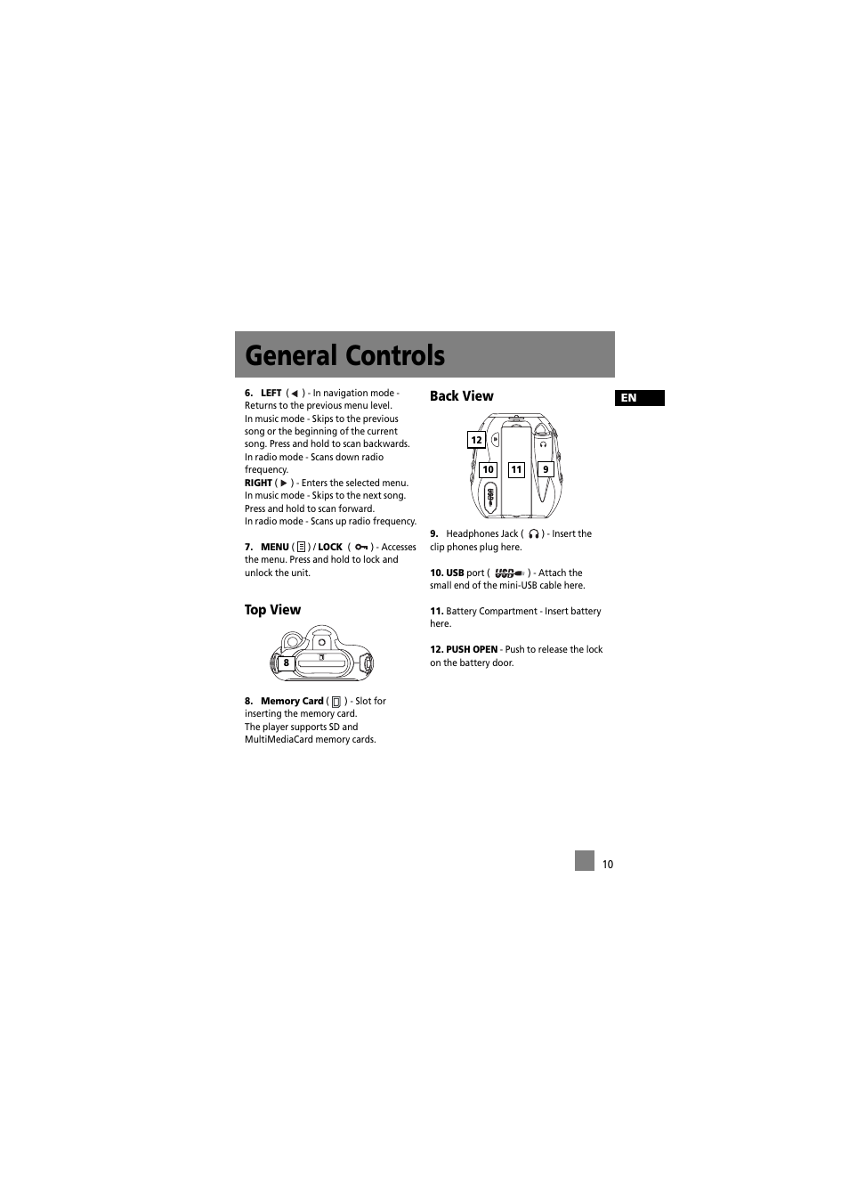 General controls, Top view, Back view | RCA 5588825C User Manual | Page 20 / 39