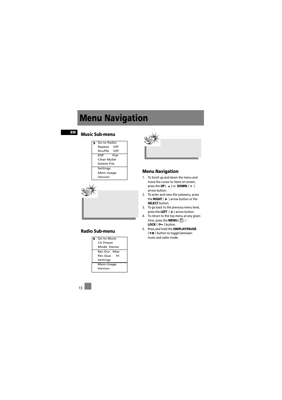 Menu navigation, Music sub-menu radio sub-menu menu navigation | RCA 5588825C User Manual | Page 23 / 39