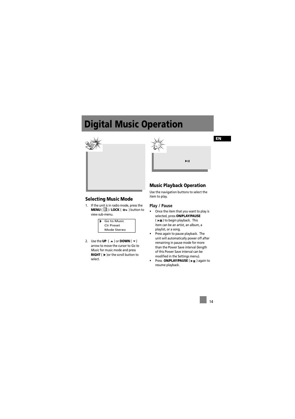 Digital music operation, Selecting music mode, Music playback operation | RCA 5588825C User Manual | Page 24 / 39