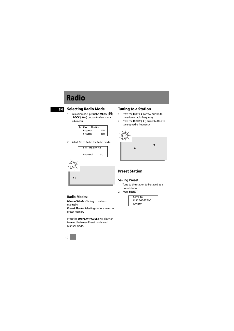 Radio, Selecting radio mode, Tuning to a station | Preset station | RCA 5588825C User Manual | Page 29 / 39