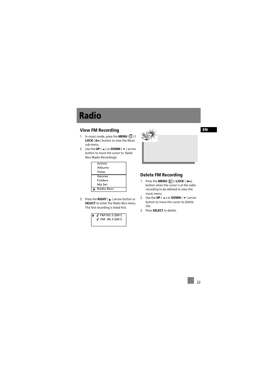 Radio, View fm recording, Delete fm recording | RCA 5588825C User Manual | Page 32 / 39