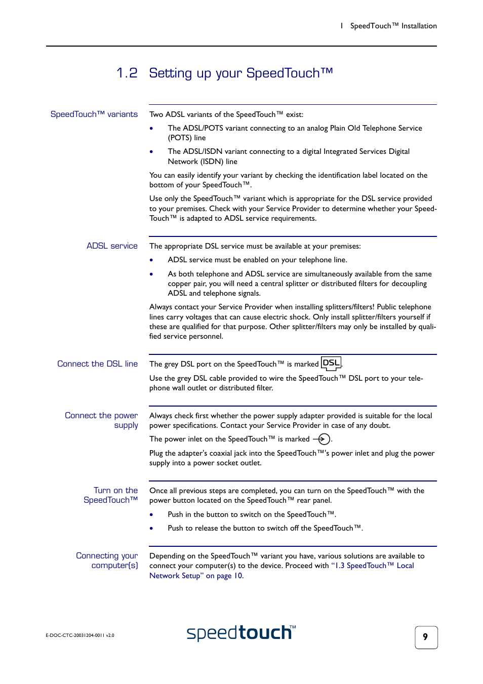 2 setting up your speedtouch, Speedtouch™ variants, Adsl service | Connect the dsl line, Connect the power supply, Turn on the speedtouch, Connecting your computer(s), Setting up your speedtouch | RCA 360 User Manual | Page 11 / 58