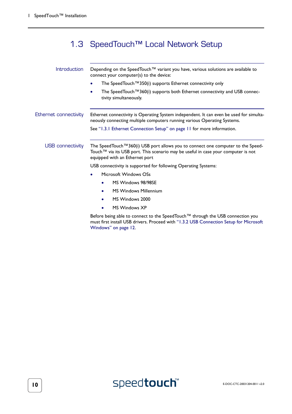 3 speedtouch™ local network setup, Introduction, Ethernet connectivity | Usb connectivity, Speedtouch™ local network setup | RCA 360 User Manual | Page 12 / 58