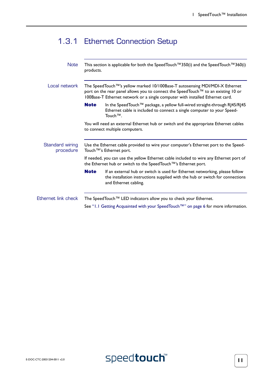 1 ethernet connection setup, Note, Local network | Standard wiring procedure, Ethernet link check, Ethernet connection setup | RCA 360 User Manual | Page 13 / 58