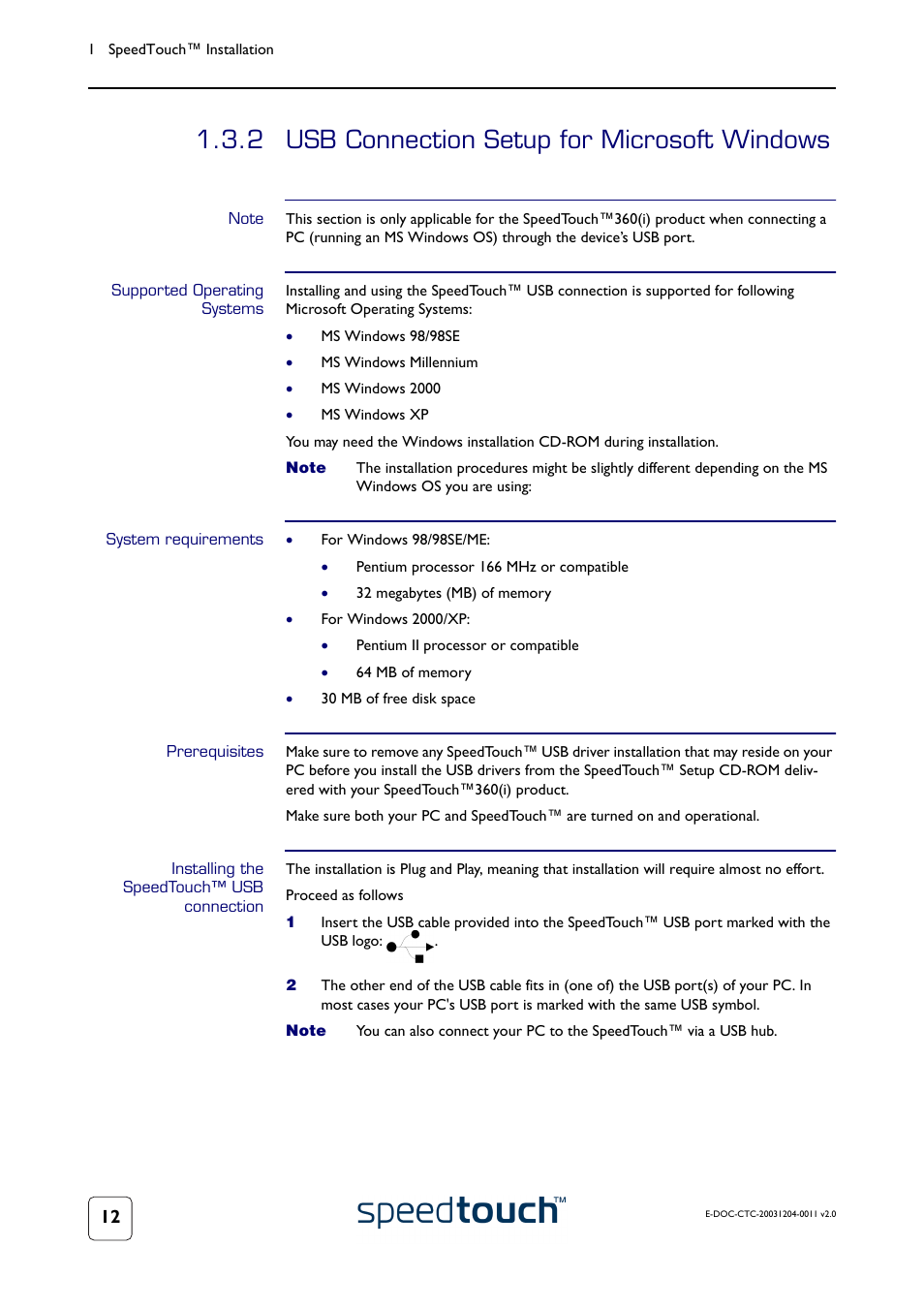 2 usb connection setup for microsoft windows, Note, Supported operating systems | System requirements, Prerequisites, Installing the speedtouch™ usb connection, Usb connection setup for microsoft windows, 2 usb connection setup for microsoft | RCA 360 User Manual | Page 14 / 58