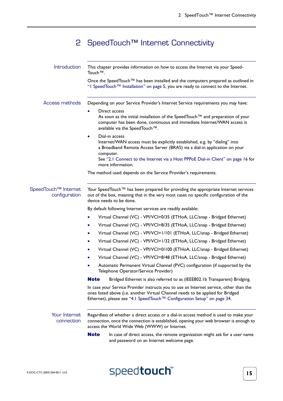 2 speedtouch™ internet connectivity, Introduction, Access methods | Speedtouch™ internet configuration, Your internet connection | RCA 360 User Manual | Page 17 / 58