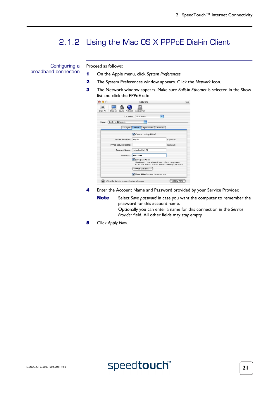 2 using the mac os x pppoe dial-in client, Configuring a broadband connection, Using the mac os x pppoe dial-in client | RCA 360 User Manual | Page 23 / 58