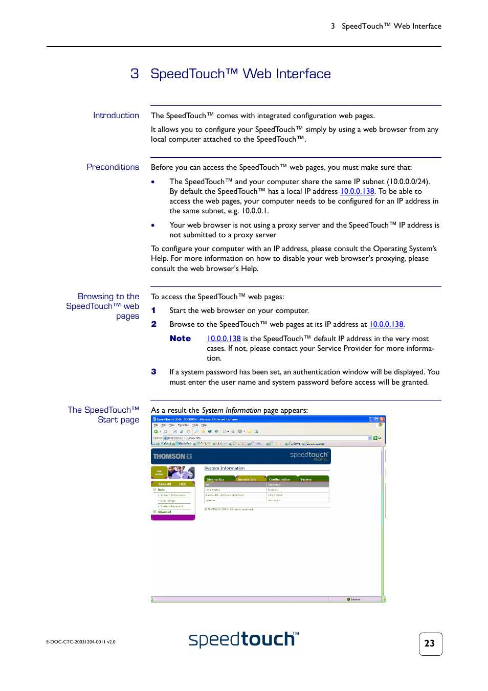 3 speedtouch™ web interface, Introduction, Preconditions | RCA 360 User Manual | Page 25 / 58