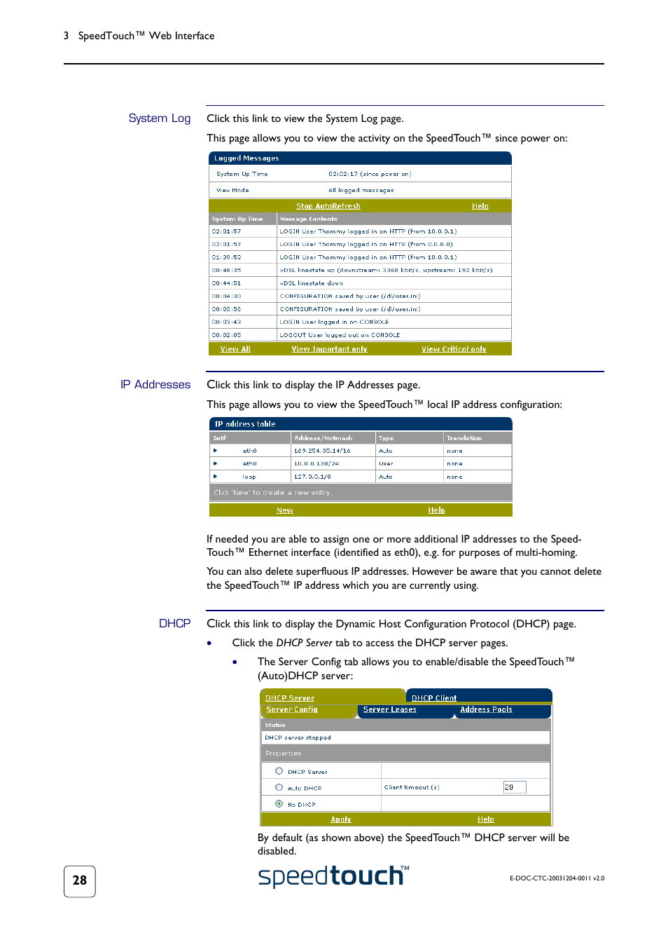 System log, Ip addresses, Dhcp | RCA 360 User Manual | Page 30 / 58