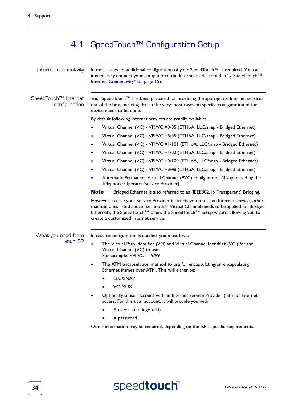 1 speedtouch™ configuration setup, Internet connectivity, Speedtouch™ internet configuration | What you need from your isp, Speedtouch™ configuration setup | RCA 360 User Manual | Page 36 / 58