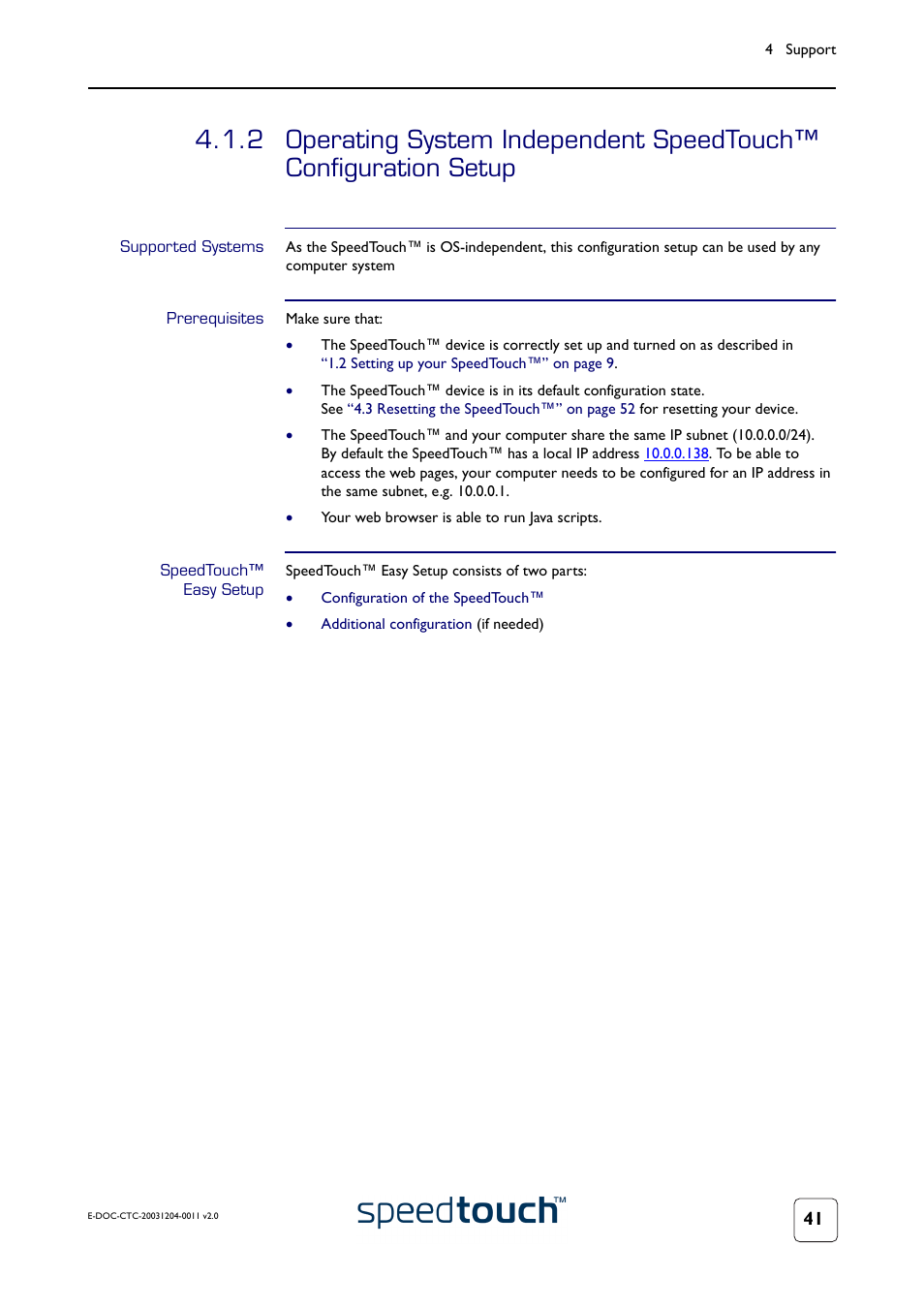 Supported systems, Prerequisites, Speedtouch™ easy setup | Oceed with | RCA 360 User Manual | Page 43 / 58