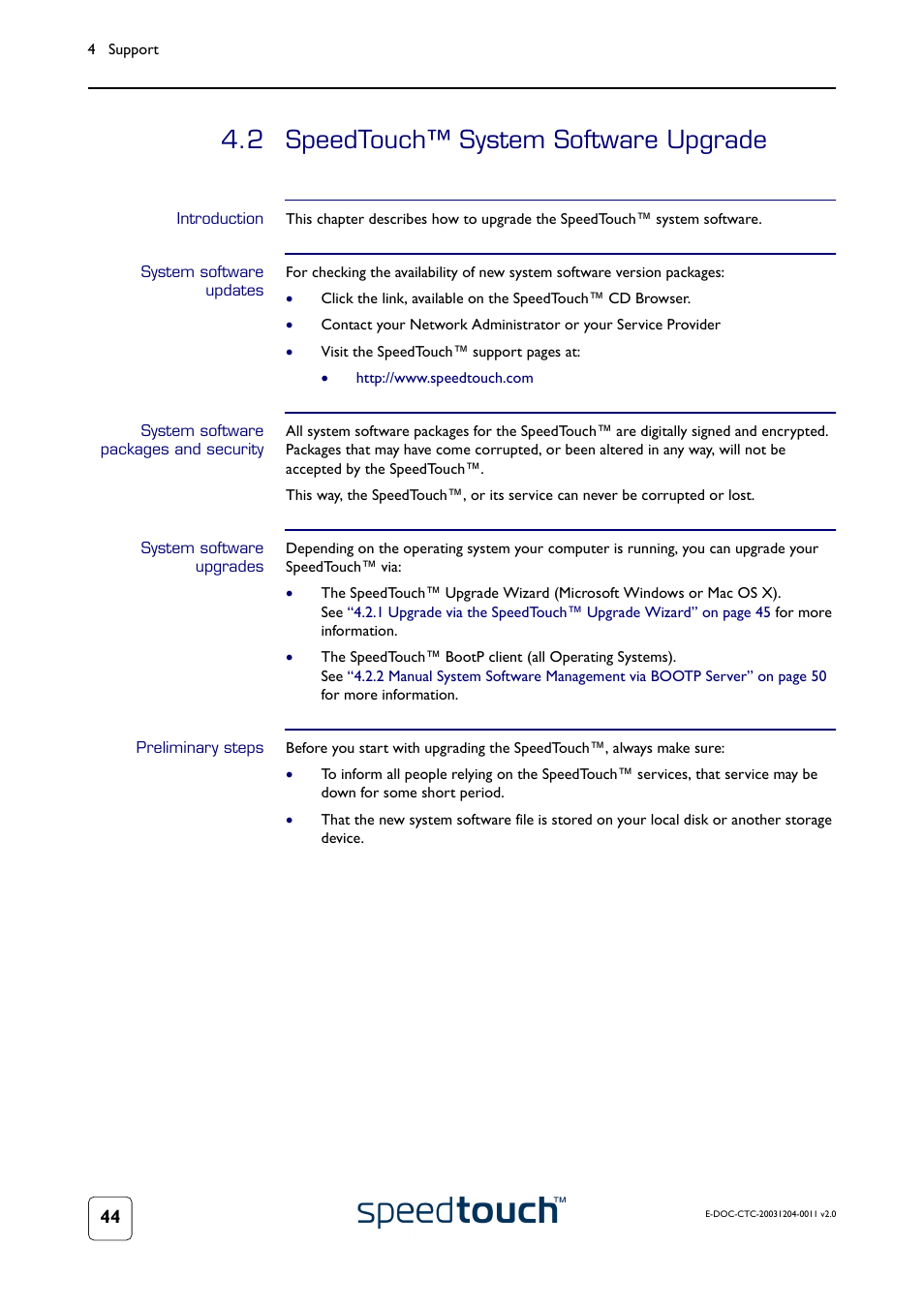 2 speedtouch™ system software upgrade, Introduction, System software updates | System software packages and security, System software upgrades, Preliminary steps, Speedtouch™ system software upgrade | RCA 360 User Manual | Page 46 / 58