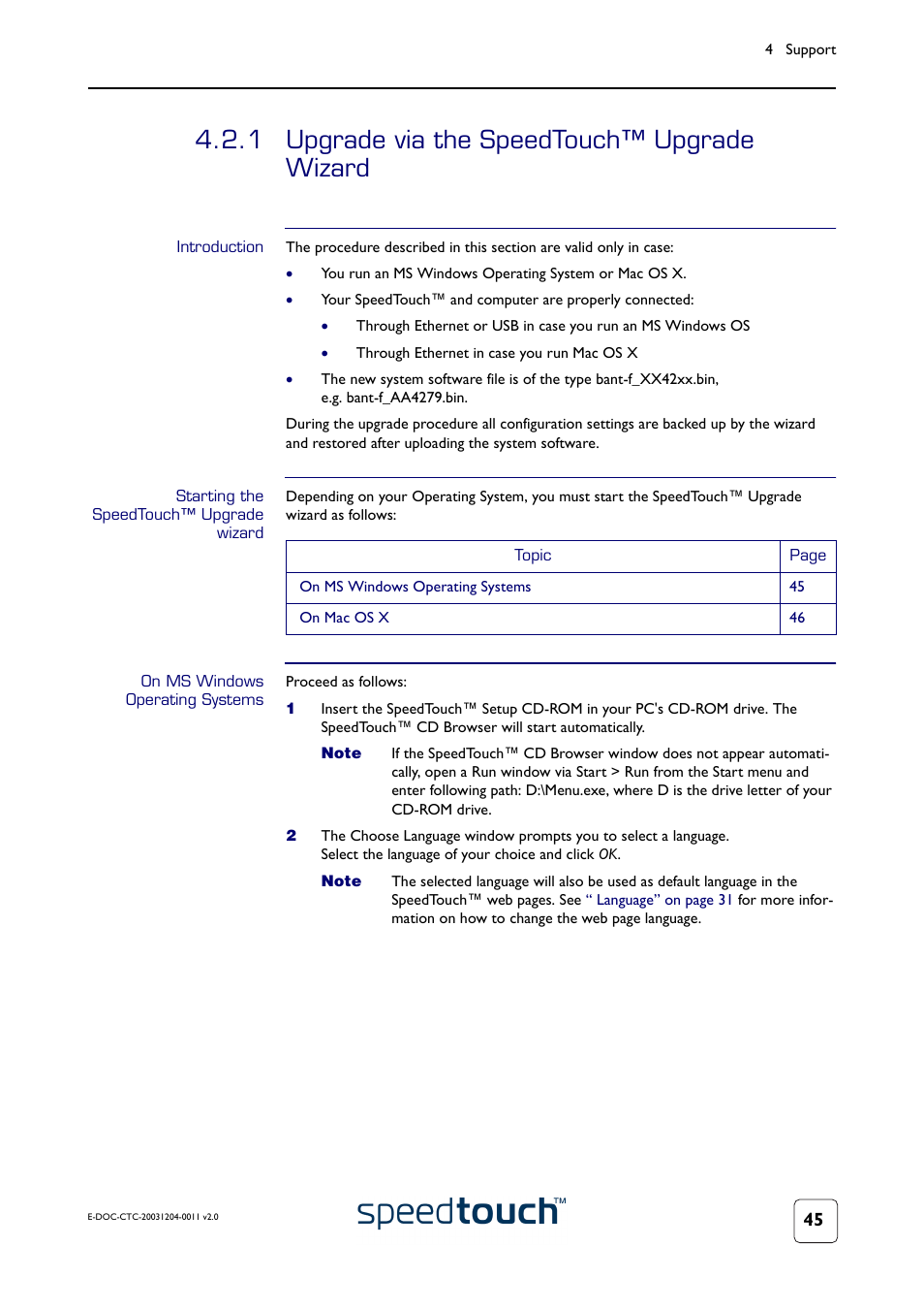 1 upgrade via the speedtouch™ upgrade wizard, Introduction, Starting the speedtouch™ upgrade wizard | On ms windows operating systems, Upgrade via the speedtouch™ upgrade wizard | RCA 360 User Manual | Page 47 / 58