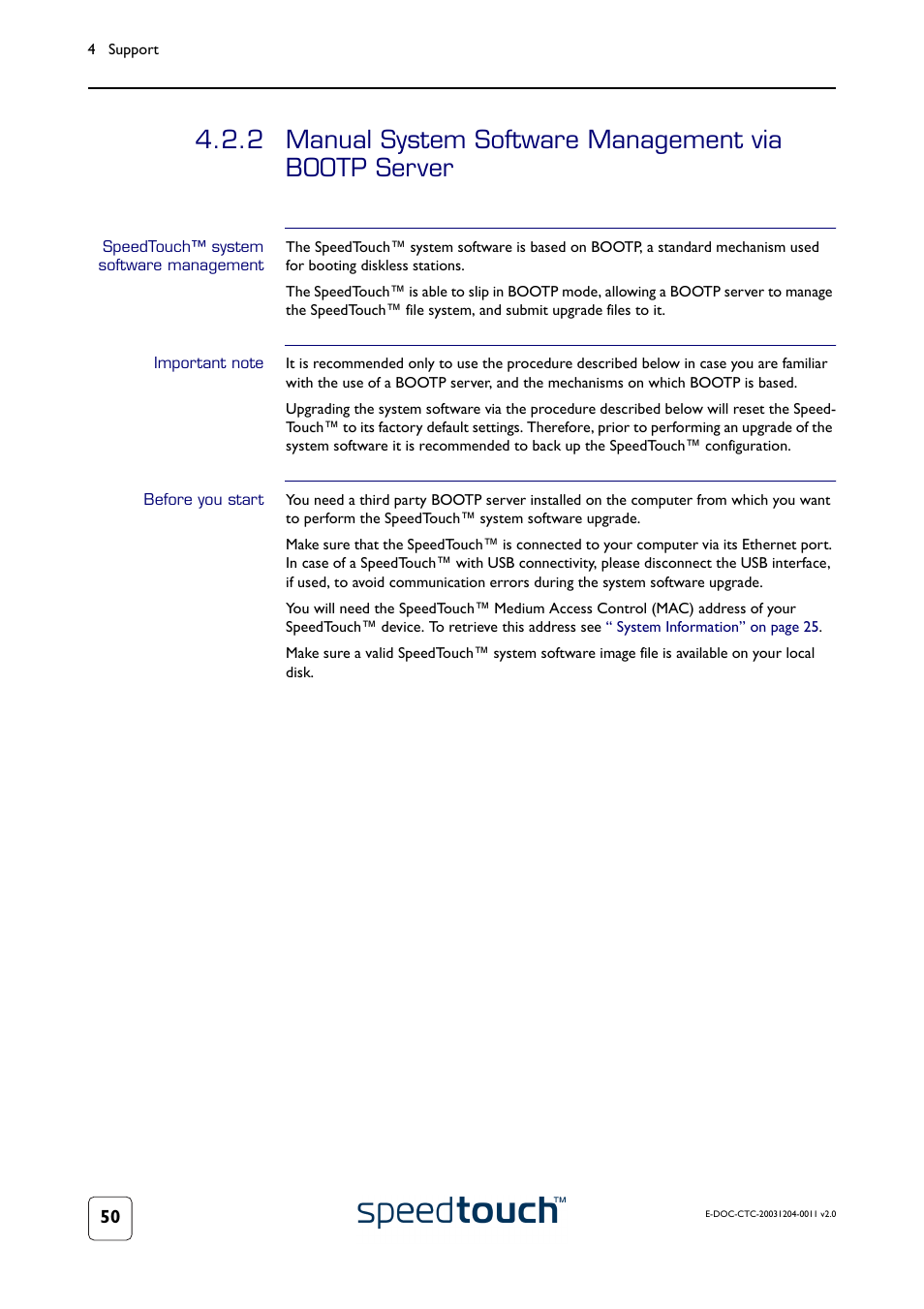 Speedtouch™ system software management, Important note, Before you start | Manual system software management via bootp server | RCA 360 User Manual | Page 52 / 58