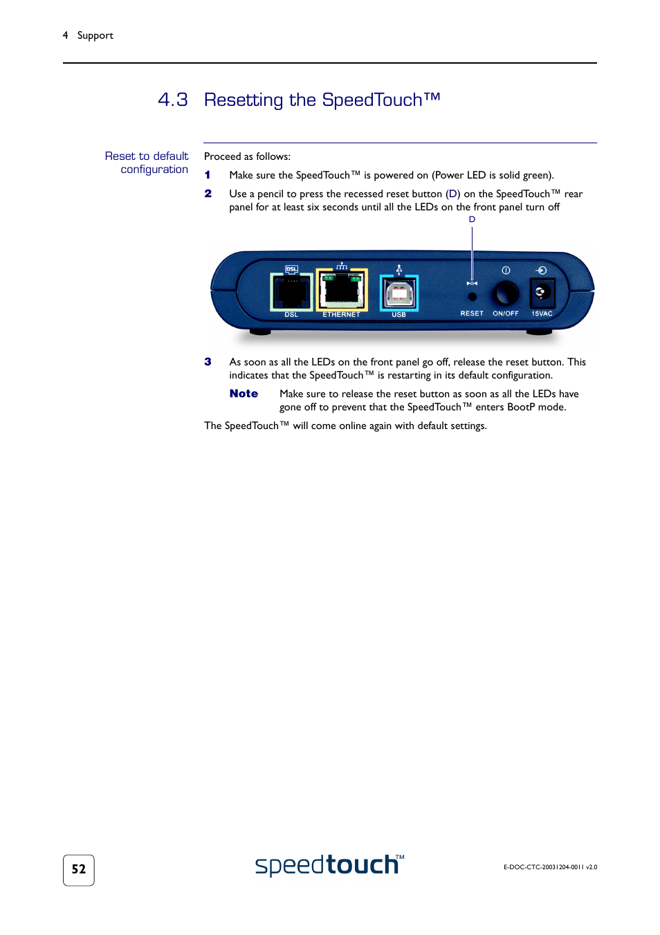 3 resetting the speedtouch, Reset to default configuration, Resetting the speedtouch | Tton | RCA 360 User Manual | Page 54 / 58