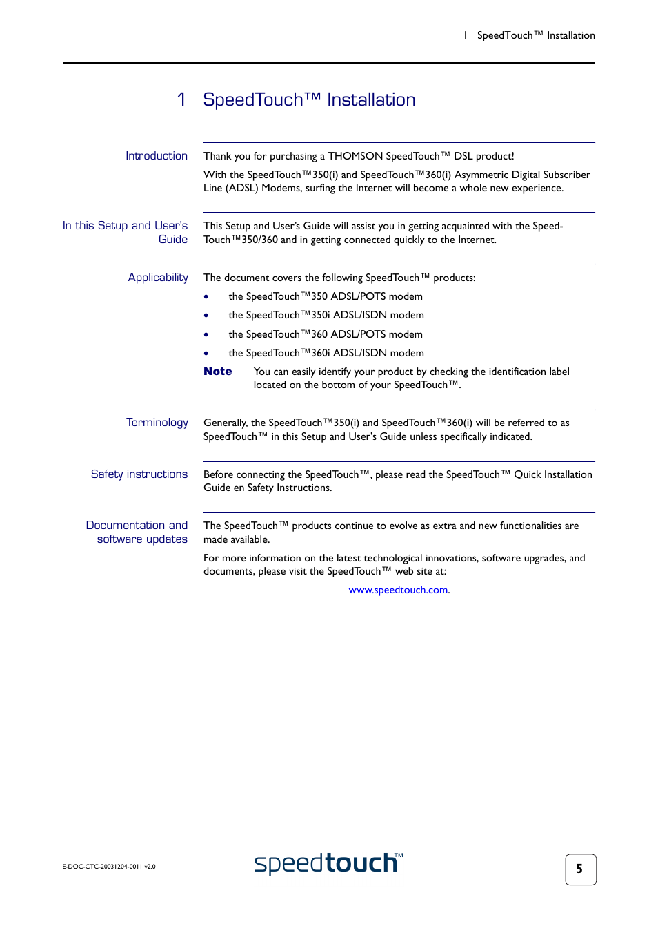 1 speedtouch™ installation, Introduction, In this setup and user's guide | Applicability, Terminology, Safety instructions, Documentation and software updates | RCA 360 User Manual | Page 7 / 58