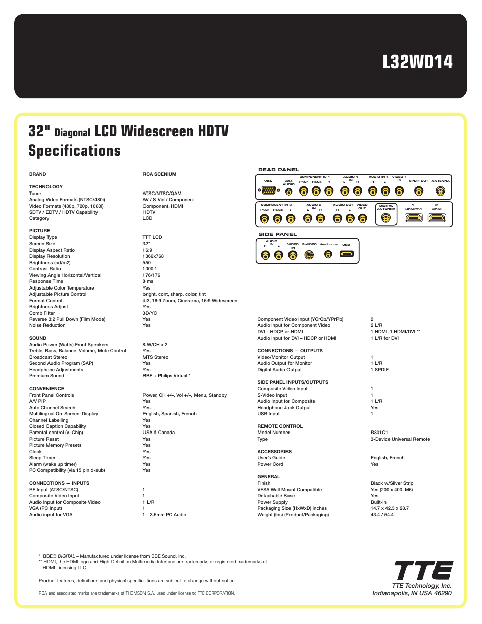 L32wd14, Lcd widescreen hdtv specifications, Diagonal | RCA L32WD14 User Manual | Page 2 / 2