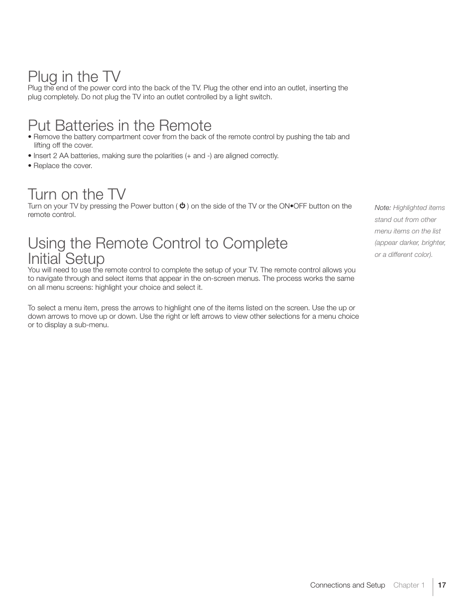 Plug in the tv, Put batteries in the remote, Turn on the tv | Using the remote control to complete initial setup | RCA L40HD36  ES User Manual | Page 17 / 52