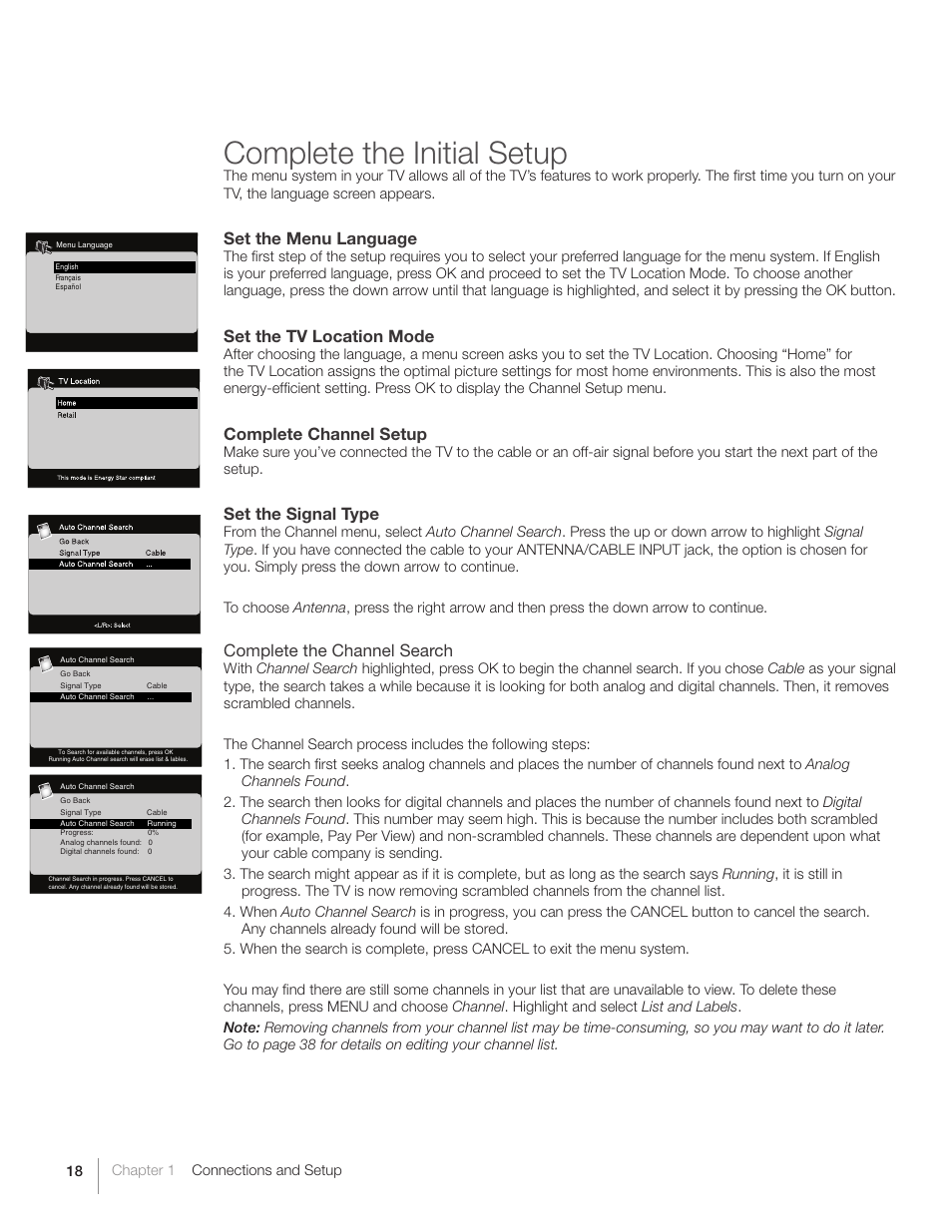 Complete the initial setup, Set the menu language, Set the tv location mode | Complete channel setup, Set the signal type, Complete the channel search | RCA L40HD36  ES User Manual | Page 18 / 52