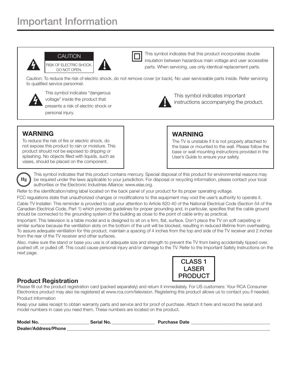 Important information, Warning, Class 1 laser product | Product registration | RCA L40HD36  ES User Manual | Page 2 / 52