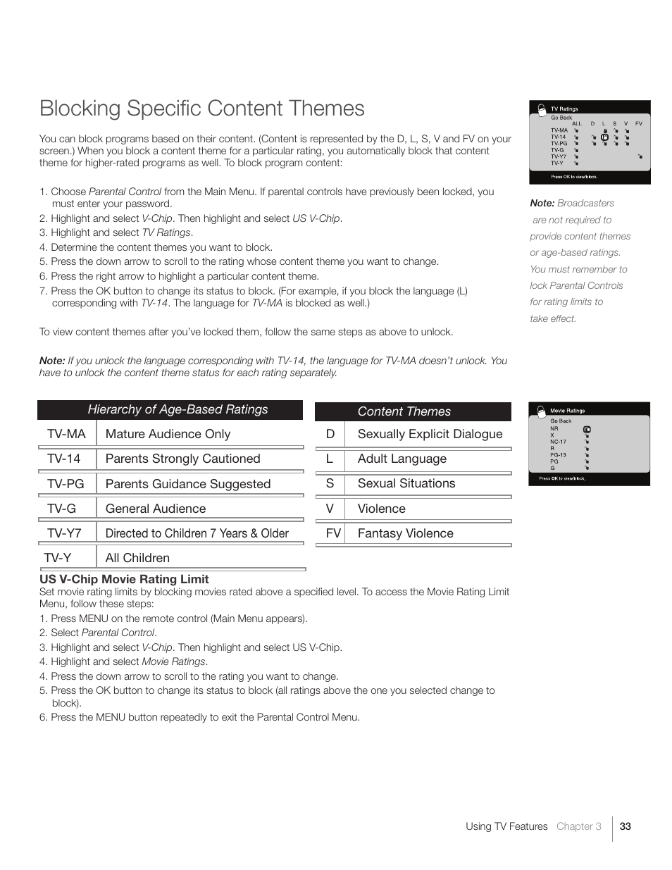 Blocking specific content themes | RCA L40HD36  ES User Manual | Page 33 / 52