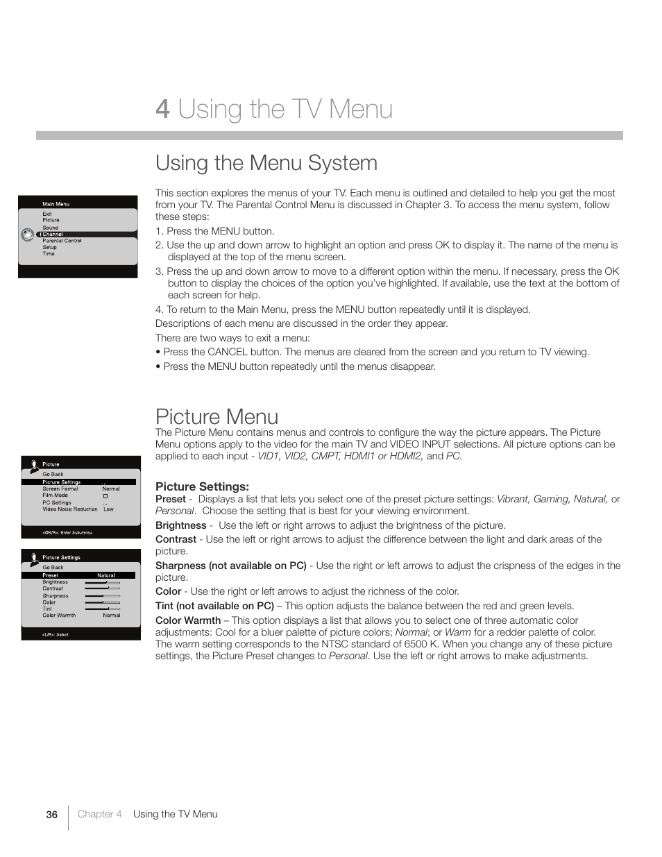 4 using the tv menu, Using the menu system, Picture menu | RCA L40HD36  ES User Manual | Page 36 / 52