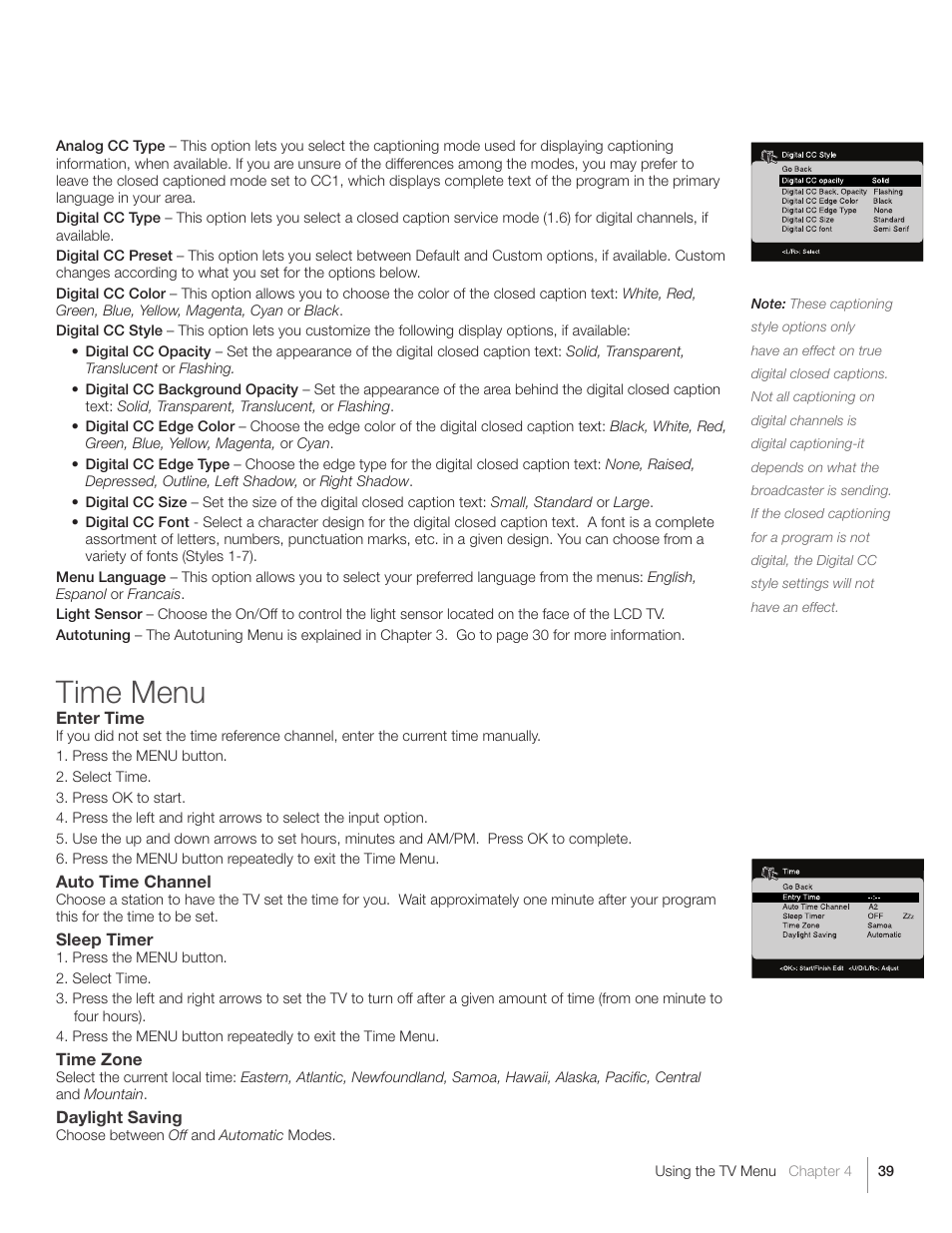 Time menu | RCA L40HD36  ES User Manual | Page 39 / 52