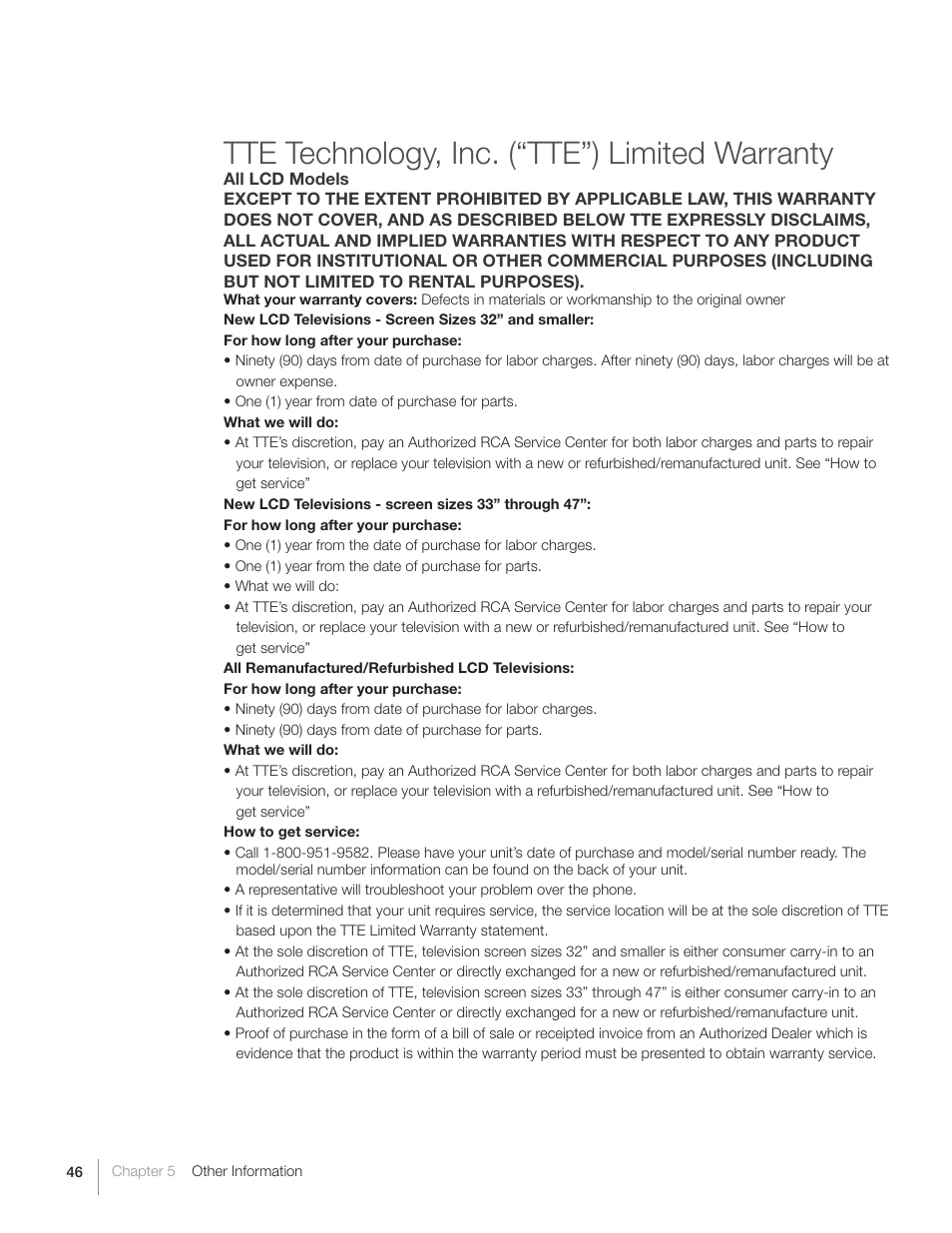 Tte technology, inc. (“tte”) limited warranty | RCA L40HD36  ES User Manual | Page 46 / 52