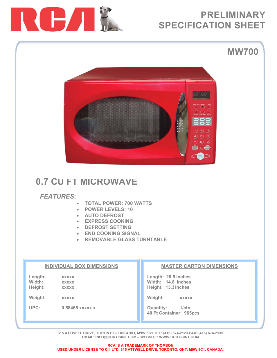 RCA MW700 User Manual | 1 page