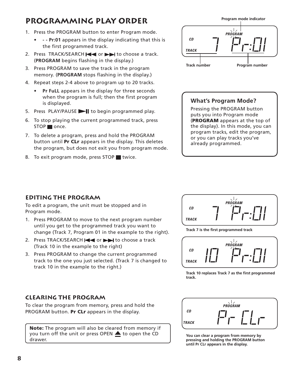 Programming play order, 8clearing the program, What’s program mode | Editing the program | RCA RP-7984 User Manual | Page 10 / 18