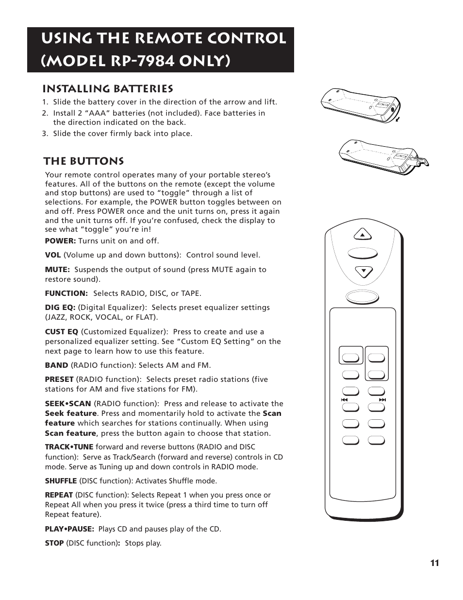 Using the remote control (model rp-7984 only), The buttons, Installing batteries | RCA RP-7984 User Manual | Page 13 / 18