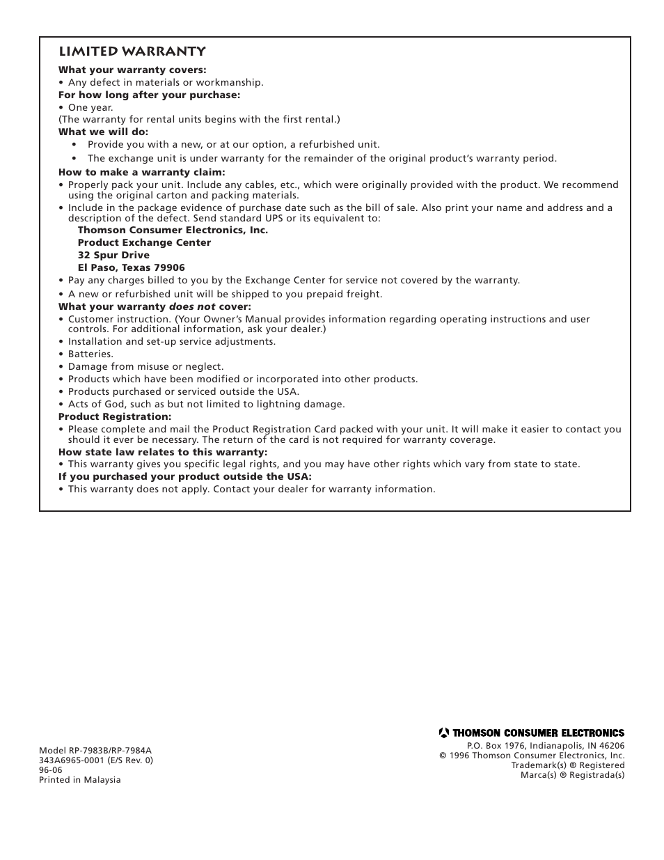 Limited warranty | RCA RP-7984 User Manual | Page 18 / 18