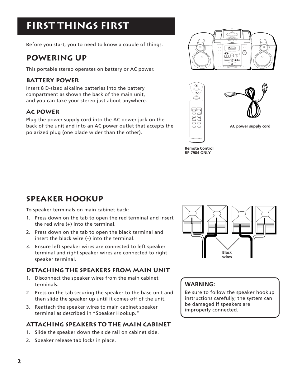 First things first, Powering up, Speaker hookup | Battery power, Ac power, Warning, Detaching the speakers from main unit, Attaching speakers to the main cabinet | RCA RP-7984 User Manual | Page 4 / 18