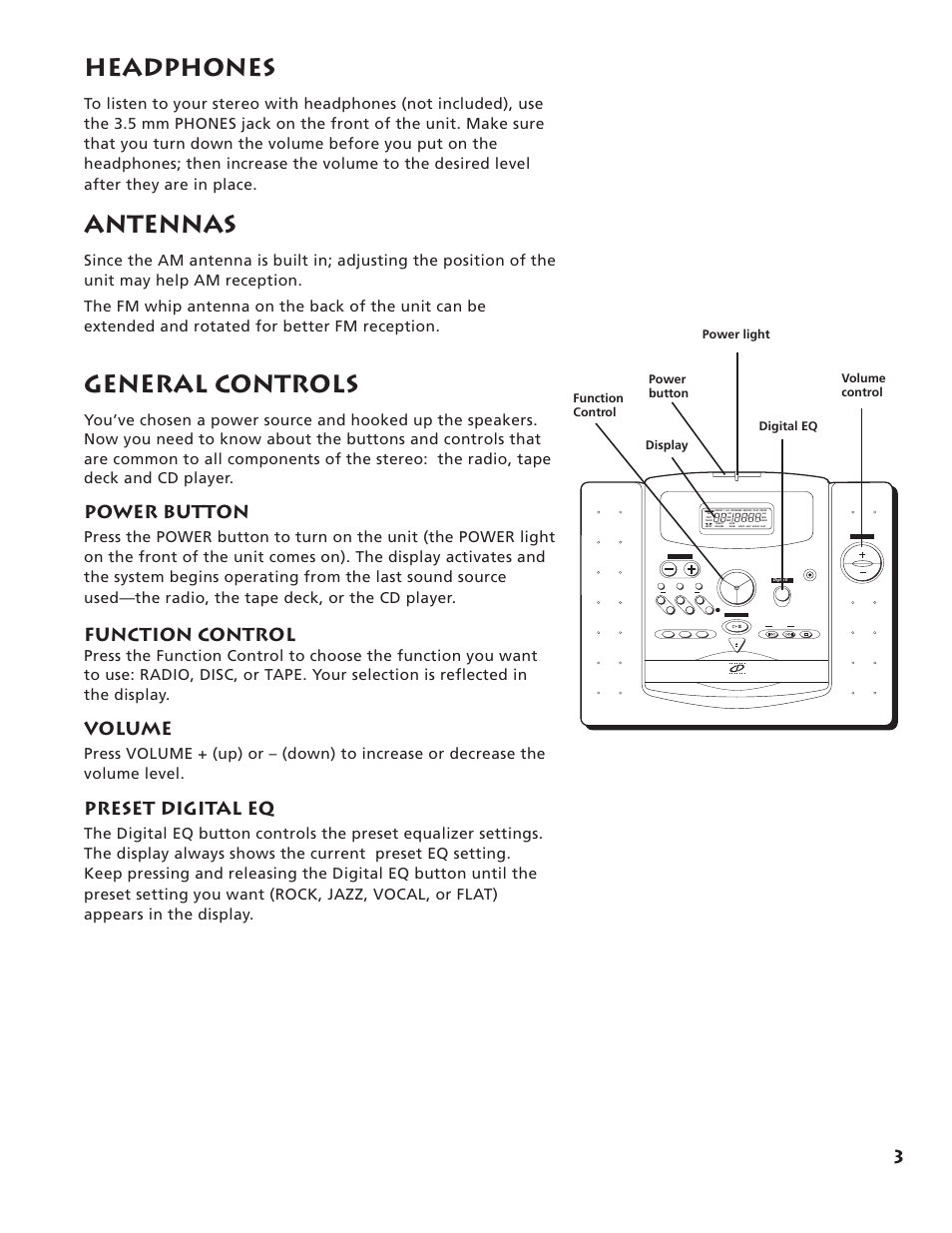 General controls, Headphones, Antennas | Power button, Function control, Volume, Preset digital eq, Digital eq volume control display, Function control power button power light | RCA RP-7984 User Manual | Page 5 / 18