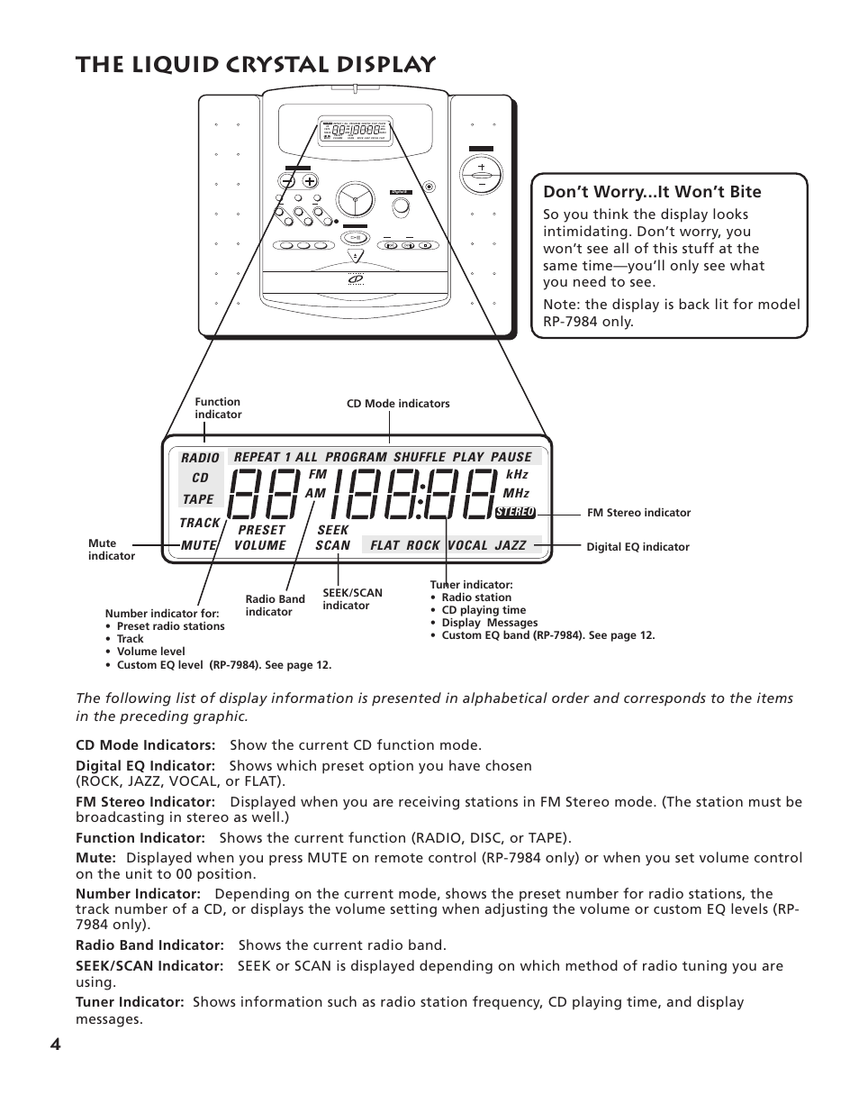 The liquid crystal display, Don’t worry...it won’t bite, Stereo | RCA RP-7984 User Manual | Page 6 / 18