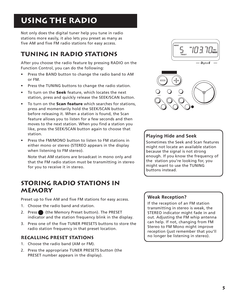 Using the radio, Tuning in radio stations, Recalling preset stations | Playing hide and seek, Weak reception | RCA RP-7984 User Manual | Page 7 / 18