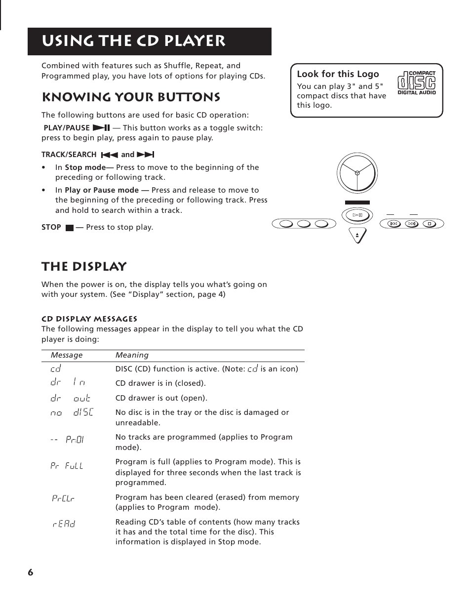 Using the cd player, Knowing your buttons, The display | Look for this logo | RCA RP-7984 User Manual | Page 8 / 18